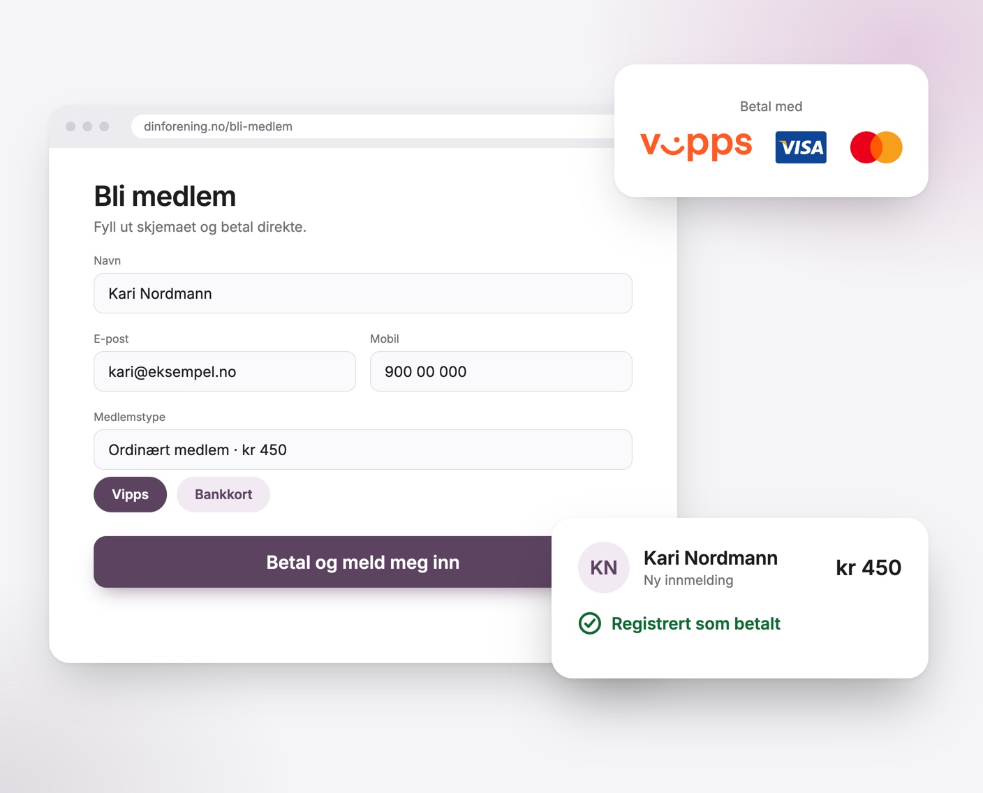 Medlem123: innmeldingsskjema med betaling via Vipps, Visa og Mastercard, og medlem registrert som betalt